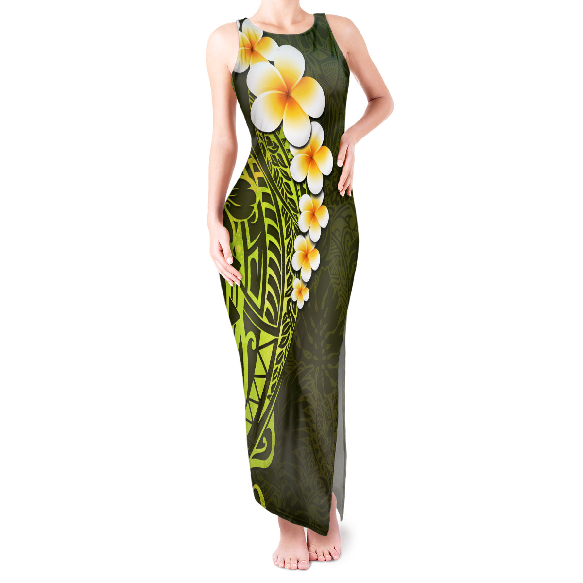 Lime Green Tropical Plumeria With Galaxy Polynesian Art Tank Maxi Dress - Wonder Print Shop