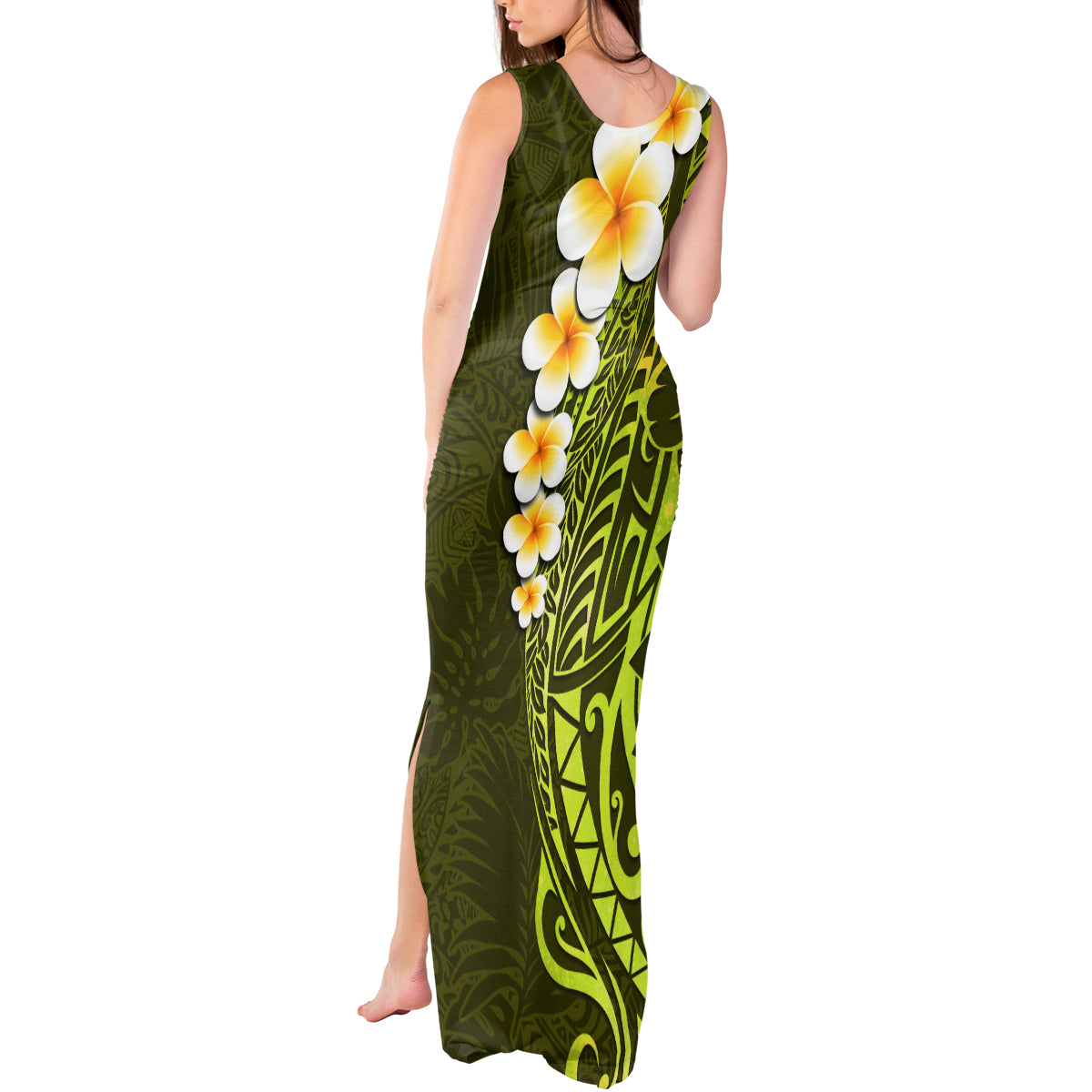Lime Green Tropical Plumeria With Galaxy Polynesian Art Tank Maxi Dress - Wonder Print Shop