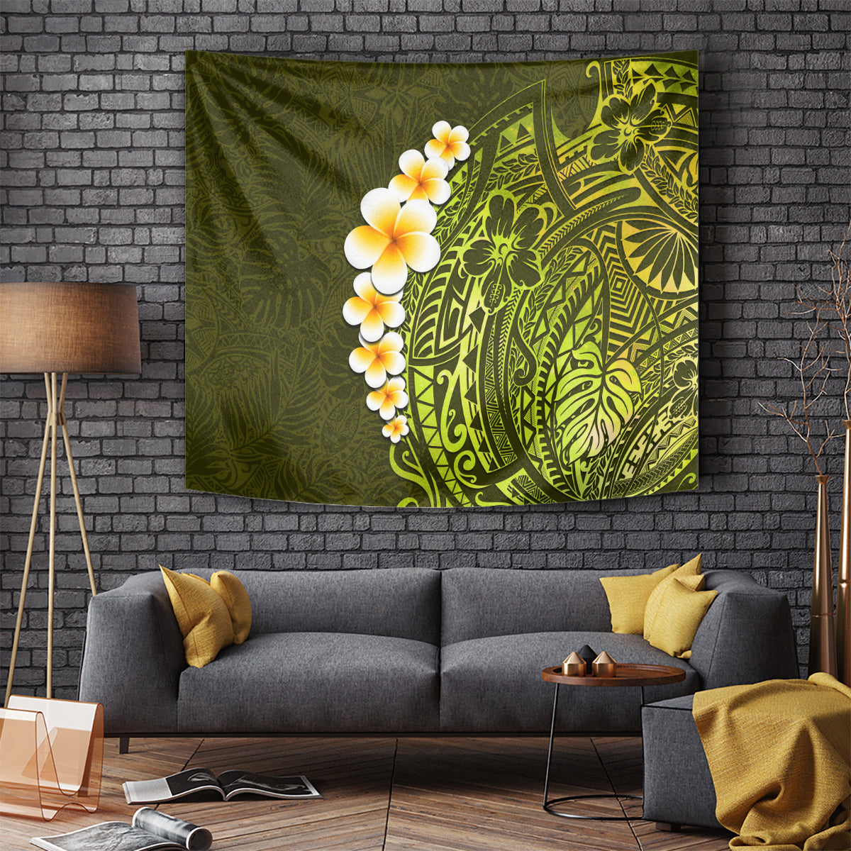 Lime Green Tropical Plumeria With Galaxy Polynesian Art Tapestry - Wonder Print Shop