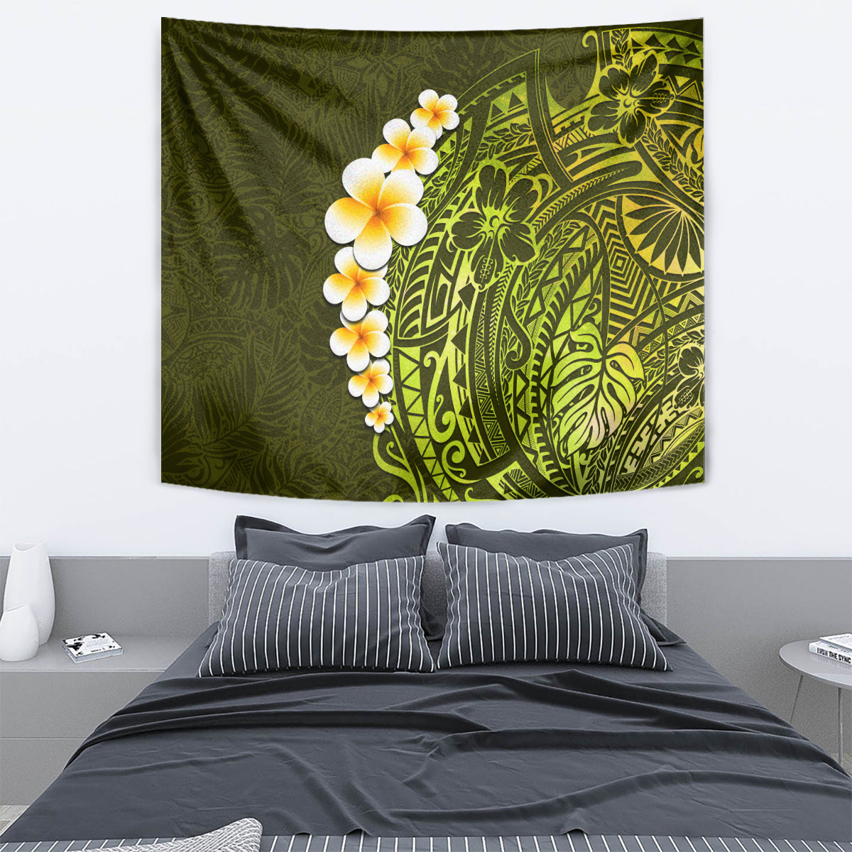 Lime Green Tropical Plumeria With Galaxy Polynesian Art Tapestry - Wonder Print Shop