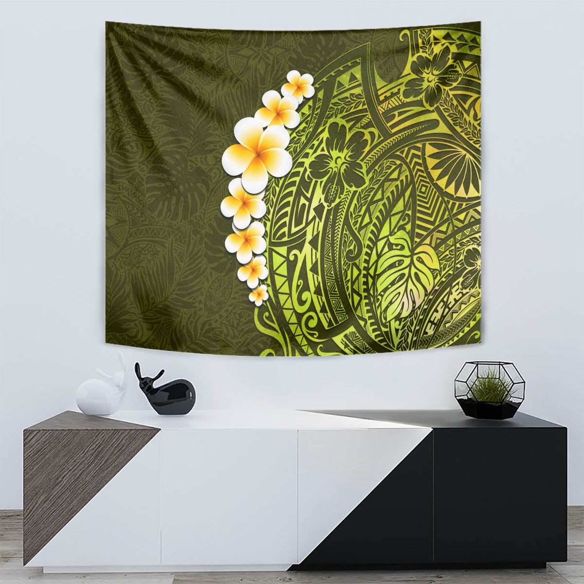 Lime Green Tropical Plumeria With Galaxy Polynesian Art Tapestry - Wonder Print Shop