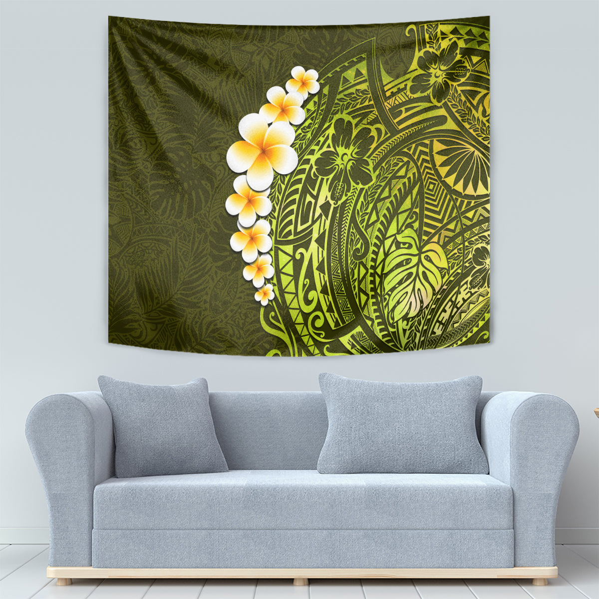 Lime Green Tropical Plumeria With Galaxy Polynesian Art Tapestry - Wonder Print Shop