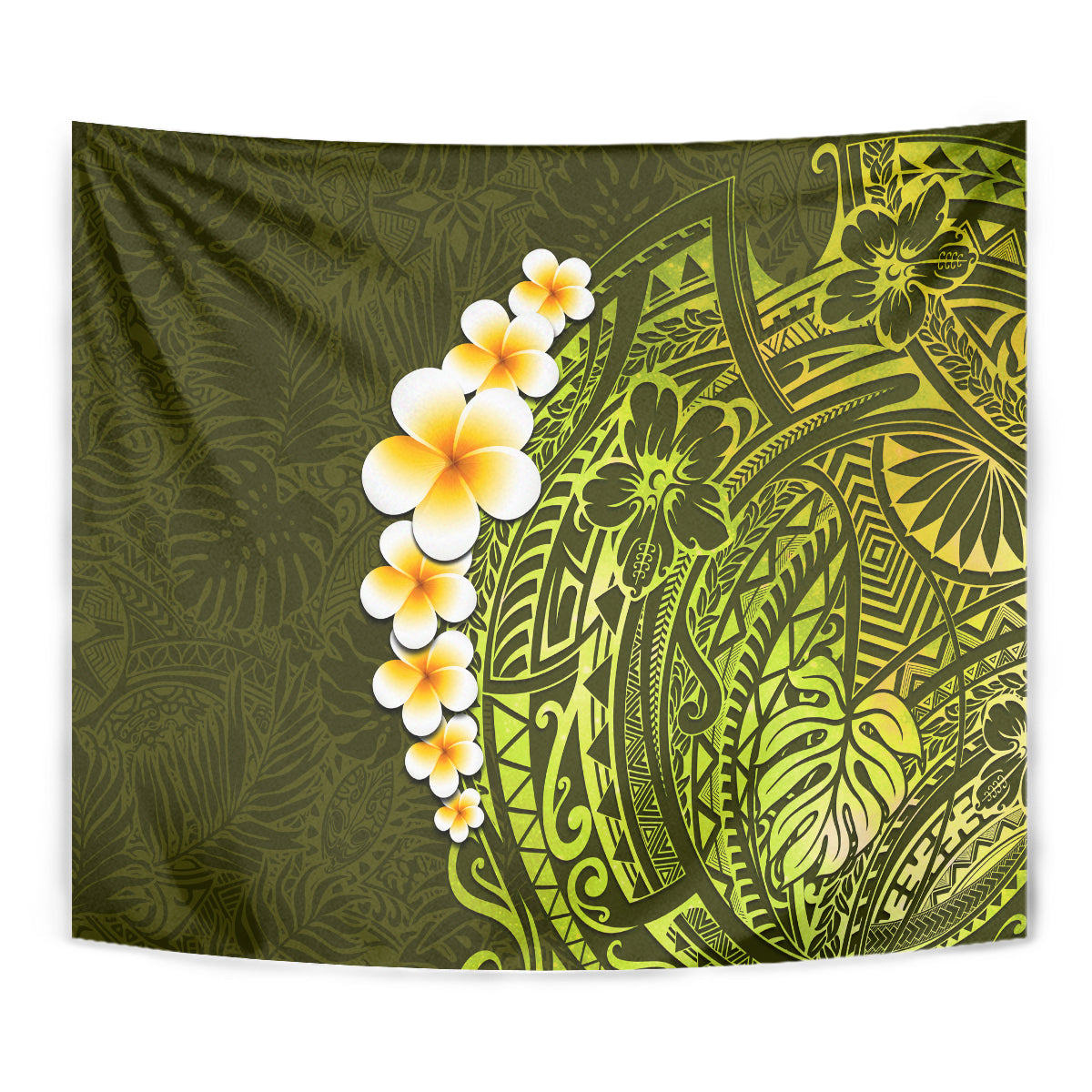 Lime Green Tropical Plumeria With Galaxy Polynesian Art Tapestry - Wonder Print Shop