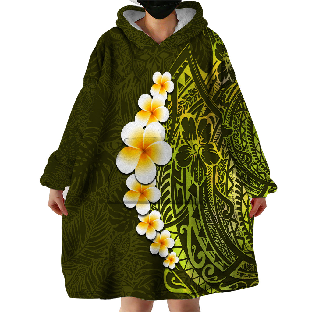 Lime Green Tropical Plumeria With Galaxy Polynesian Art Wearable Blanket Hoodie - Wonder Print Shop