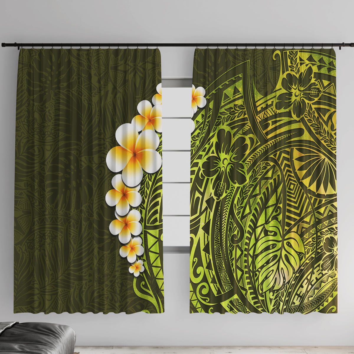 Lime Green Tropical Plumeria With Galaxy Polynesian Art Window Curtain - Wonder Print Shop