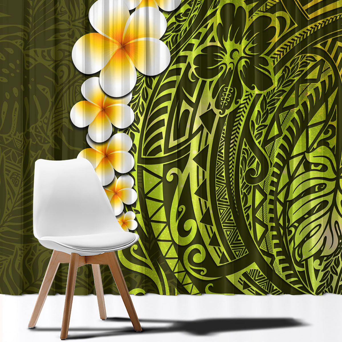 Lime Green Tropical Plumeria With Galaxy Polynesian Art Window Curtain - Wonder Print Shop