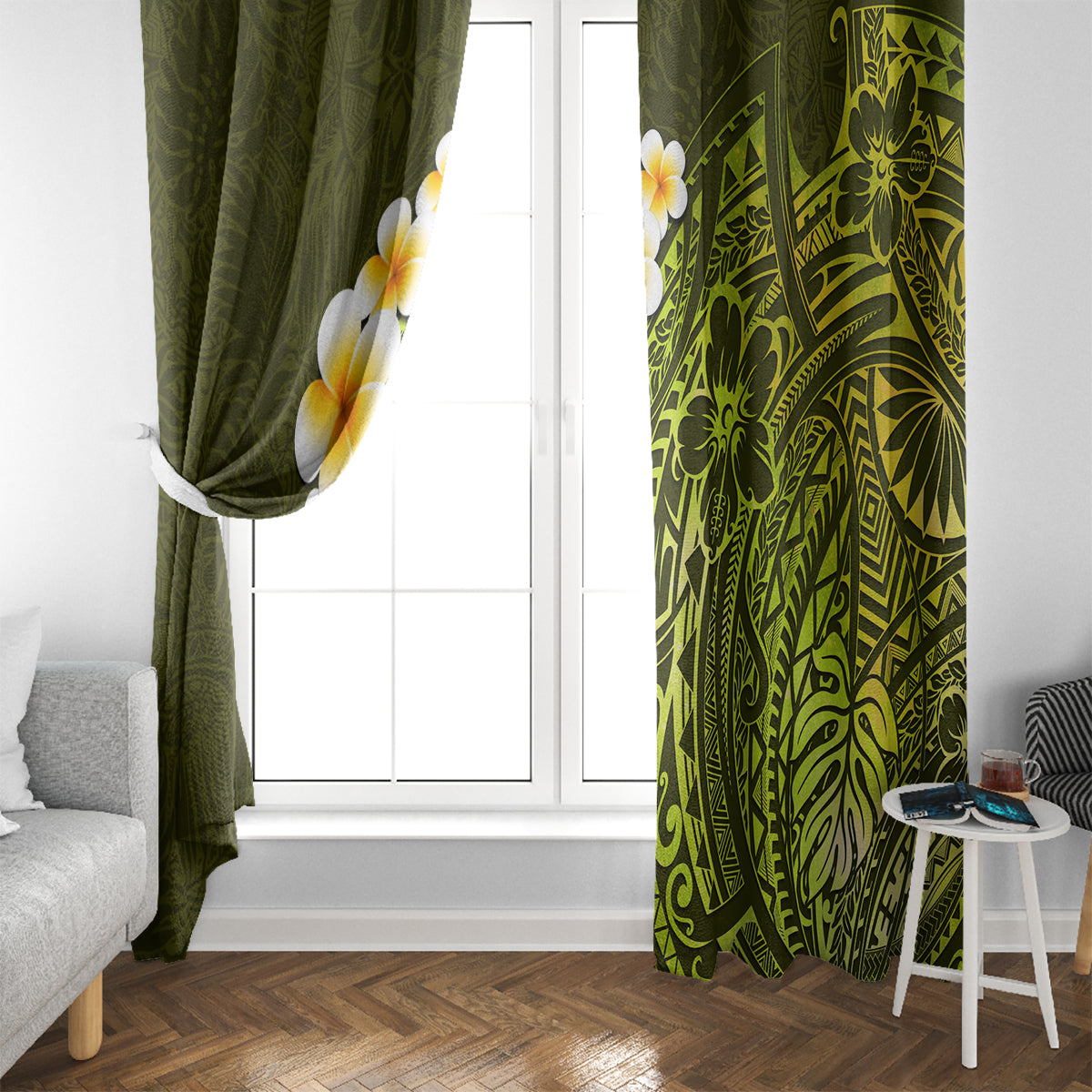 Lime Green Tropical Plumeria With Galaxy Polynesian Art Window Curtain - Wonder Print Shop