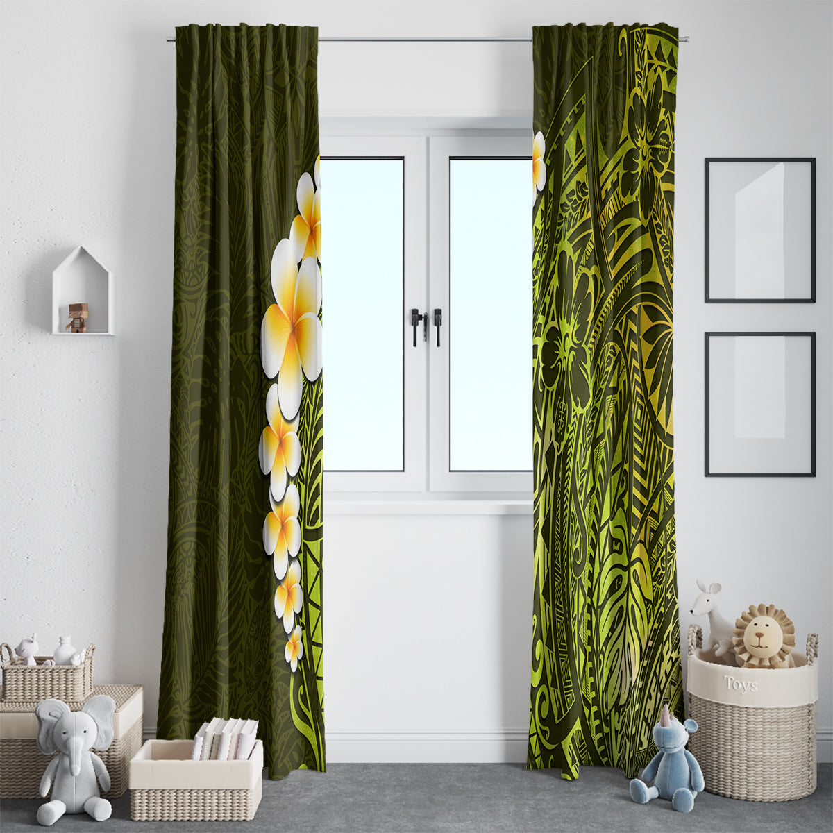 Lime Green Tropical Plumeria With Galaxy Polynesian Art Window Curtain - Wonder Print Shop