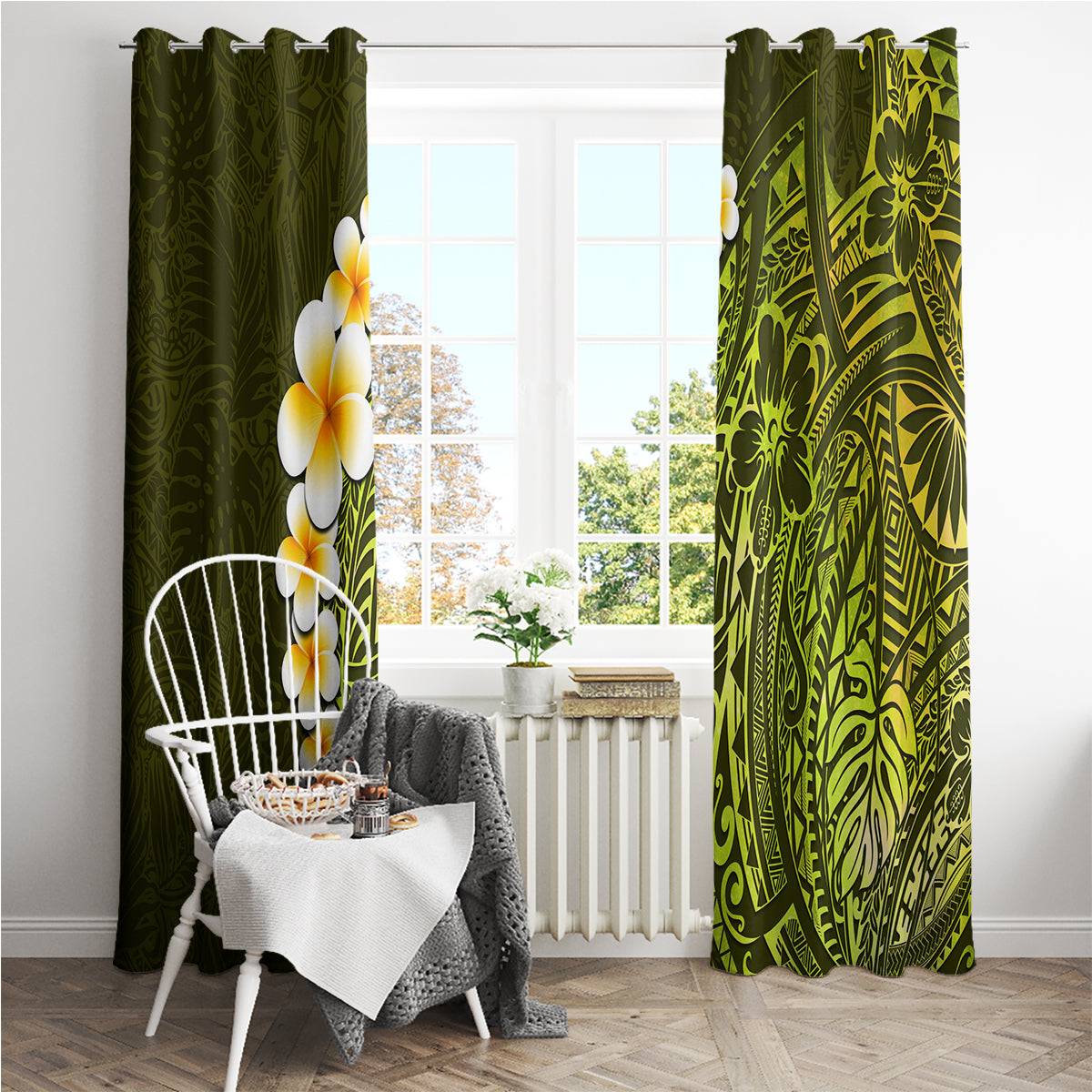Lime Green Tropical Plumeria With Galaxy Polynesian Art Window Curtain - Wonder Print Shop