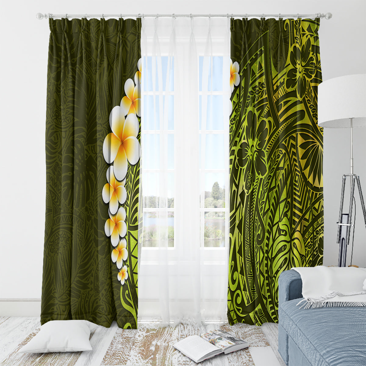 Lime Green Tropical Plumeria With Galaxy Polynesian Art Window Curtain - Wonder Print Shop