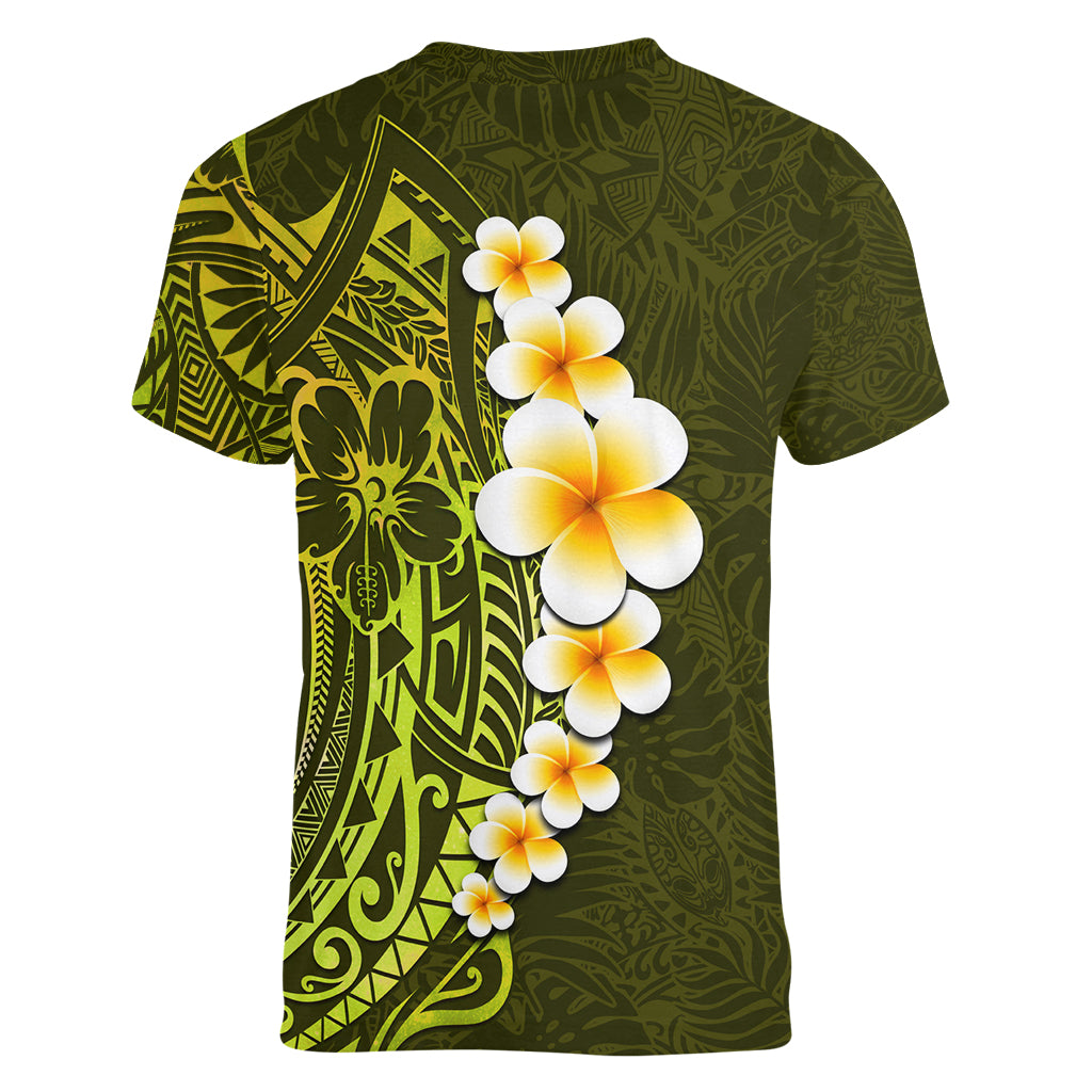 Lime Green Tropical Plumeria With Galaxy Polynesian Art Women V Neck T Shirt - Wonder Print Shop