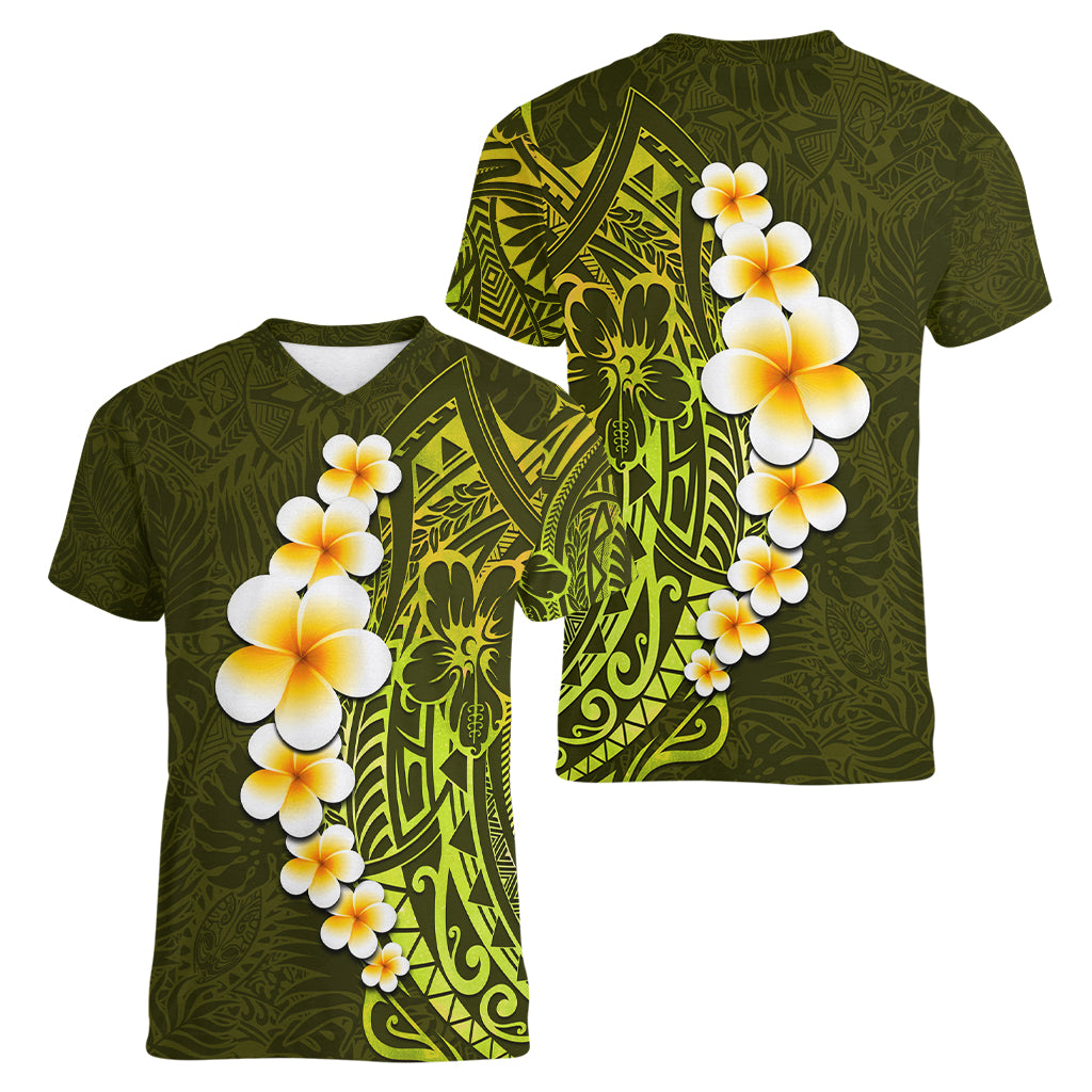 Lime Green Tropical Plumeria With Galaxy Polynesian Art Women V Neck T Shirt - Wonder Print Shop