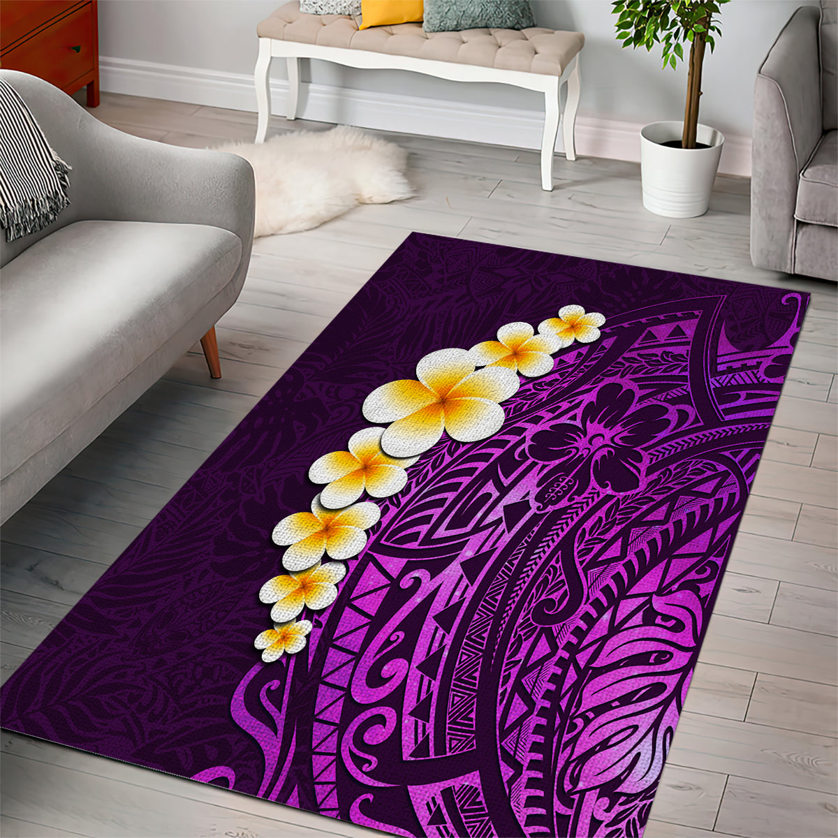 Purple Tropical Plumeria With Galaxy Polynesian Art Area Rug - Wonder Print Shop