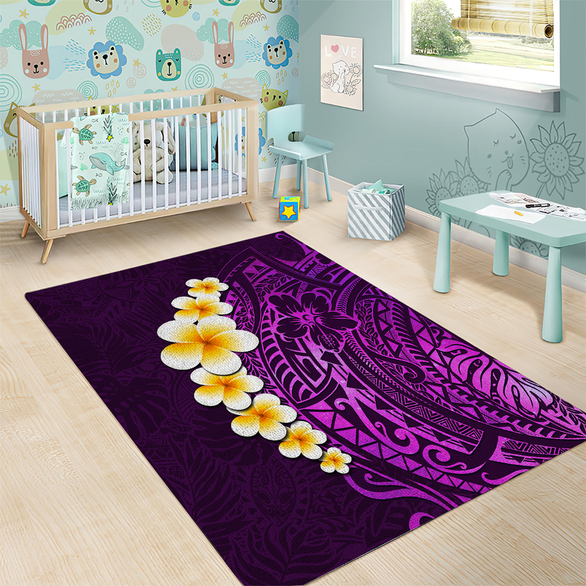 Purple Tropical Plumeria With Galaxy Polynesian Art Area Rug - Wonder Print Shop
