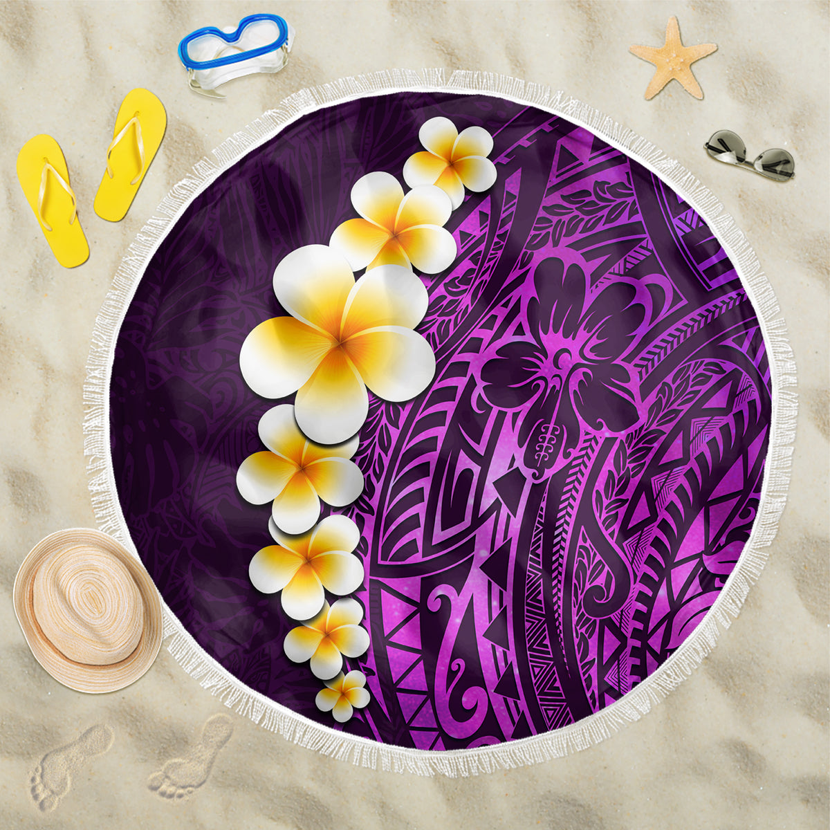 Purple Tropical Plumeria With Galaxy Polynesian Art Beach Blanket - Wonder Print Shop
