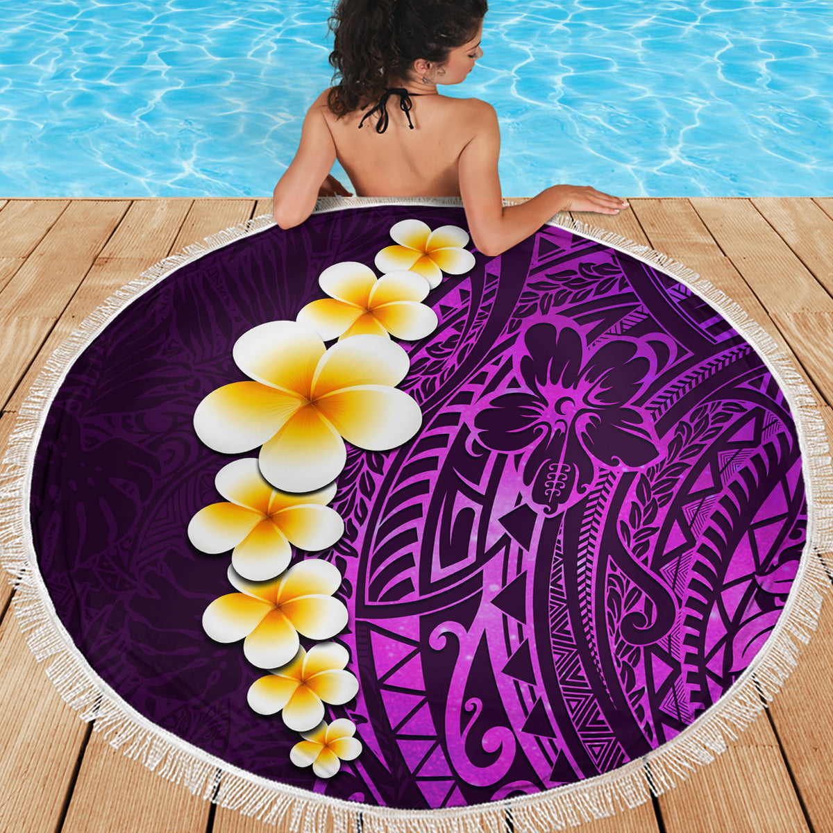 Purple Tropical Plumeria With Galaxy Polynesian Art Beach Blanket - Wonder Print Shop