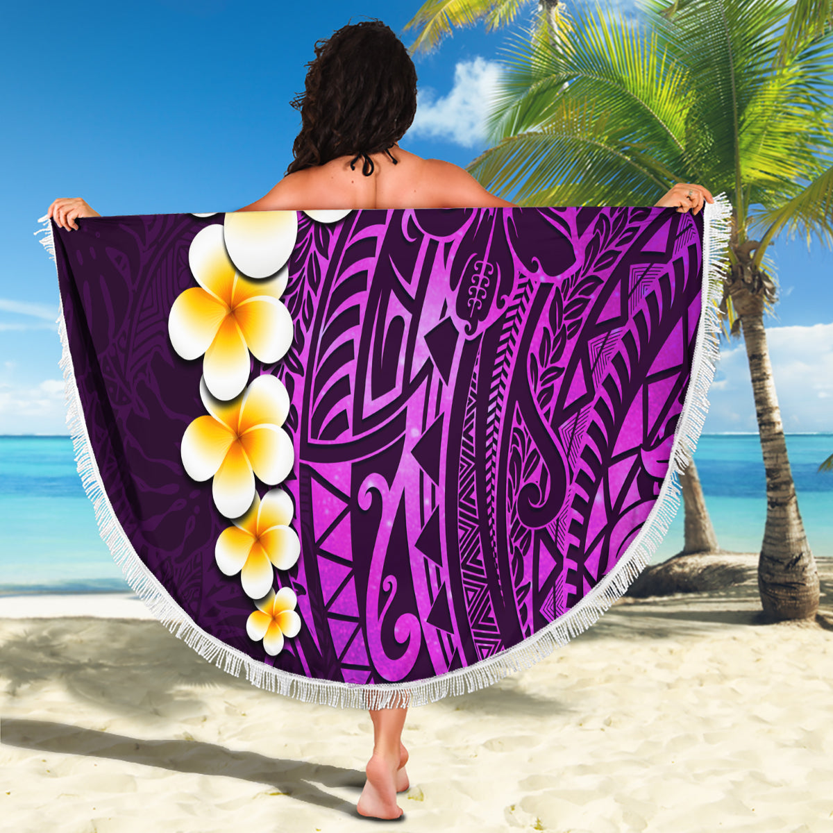 Purple Tropical Plumeria With Galaxy Polynesian Art Beach Blanket - Wonder Print Shop
