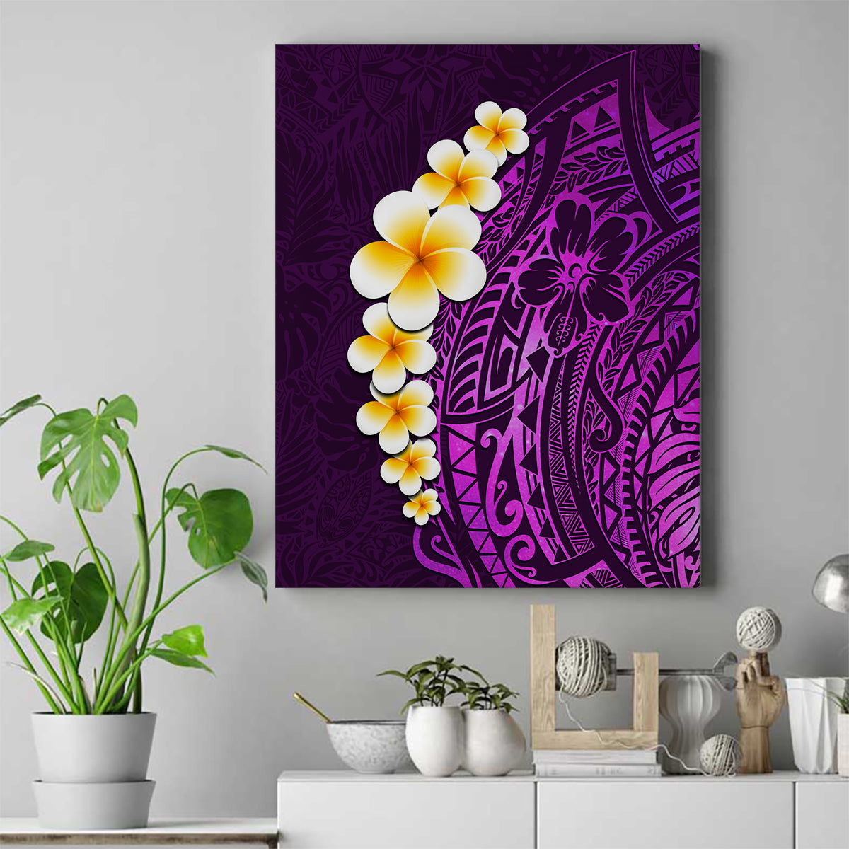 Purple Tropical Plumeria With Galaxy Polynesian Art Canvas Wall Art - Wonder Print Shop