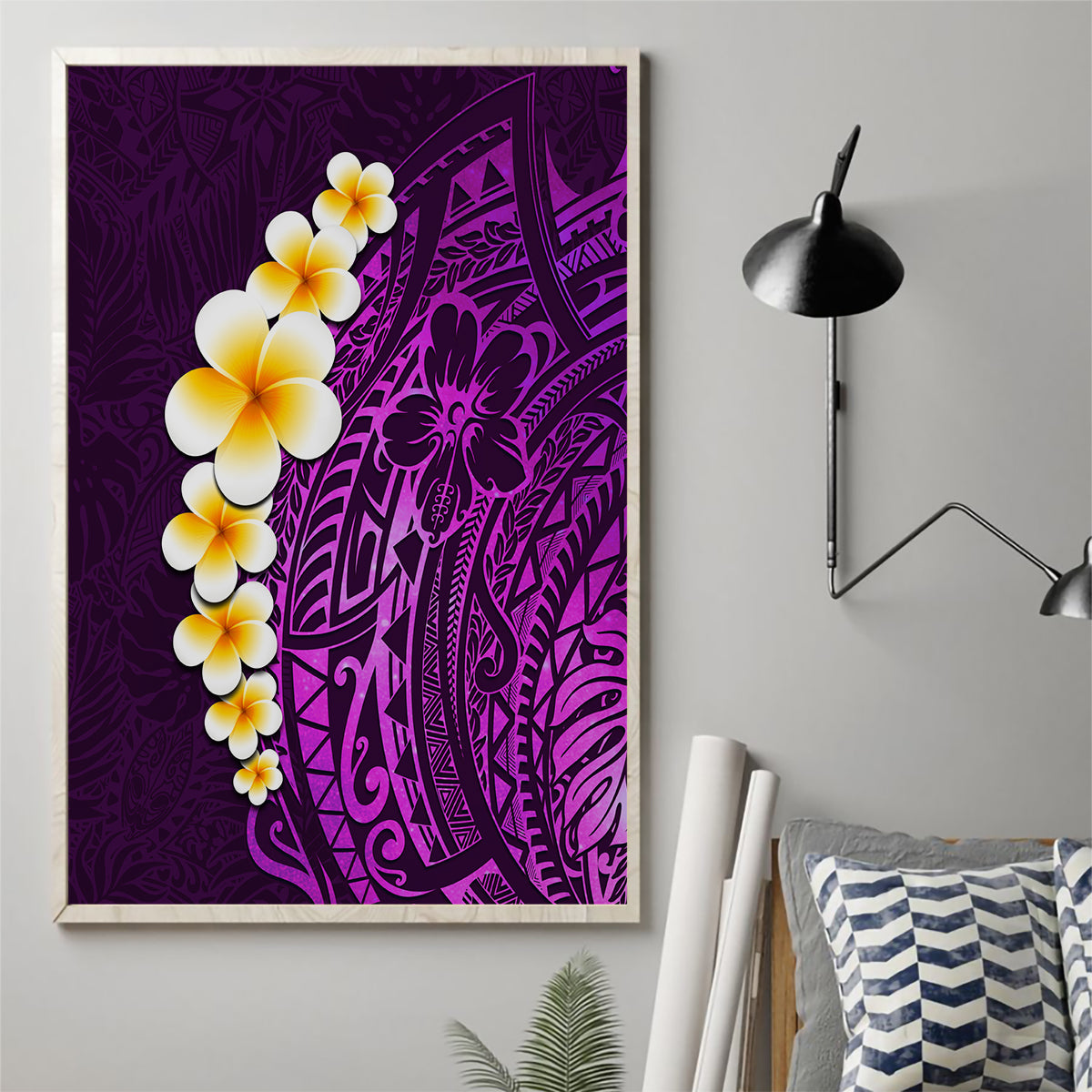 Purple Tropical Plumeria With Galaxy Polynesian Art Canvas Wall Art - Wonder Print Shop