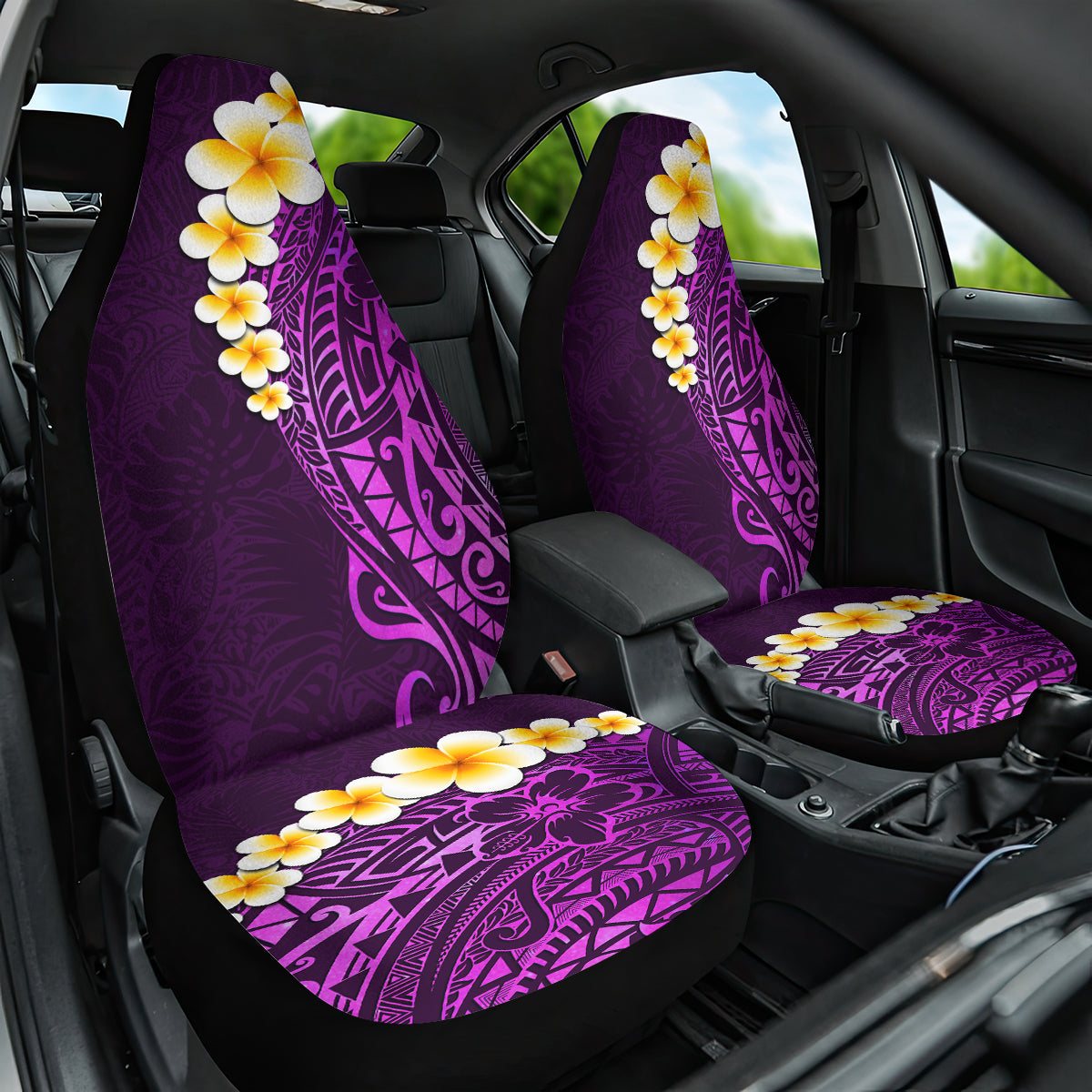 Purple Tropical Plumeria With Galaxy Polynesian Art Car Seat Cover - Wonder Print Shop