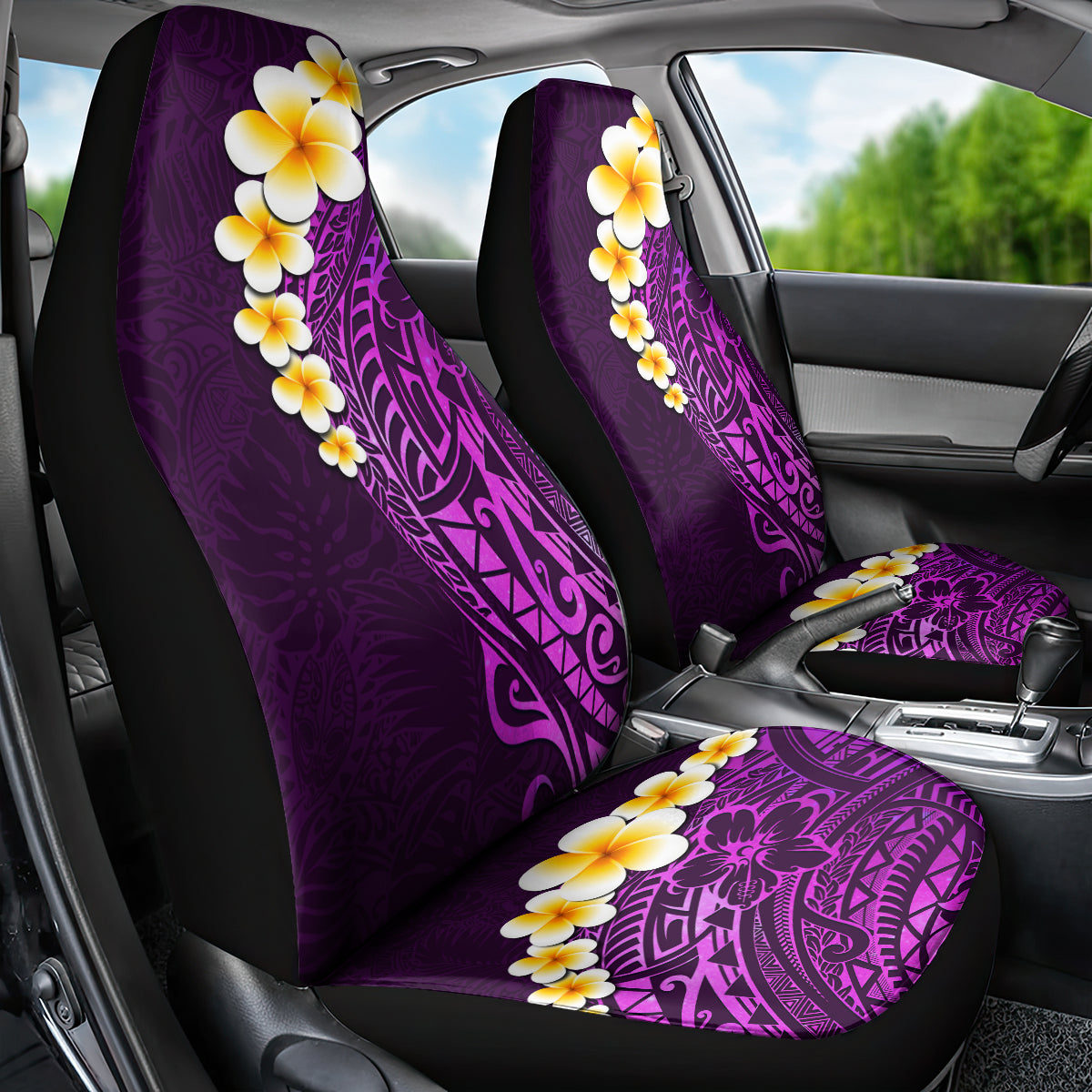 Purple Tropical Plumeria With Galaxy Polynesian Art Car Seat Cover - Wonder Print Shop