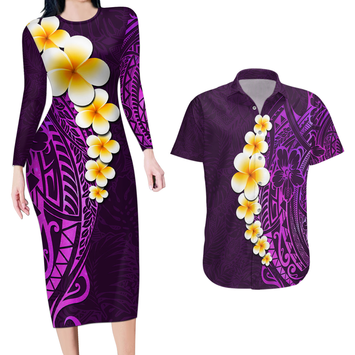 Purple Tropical Plumeria With Galaxy Polynesian Art Couples Matching Long Sleeve Bodycon Dress and Hawaiian Shirt - Wonder Print Shop