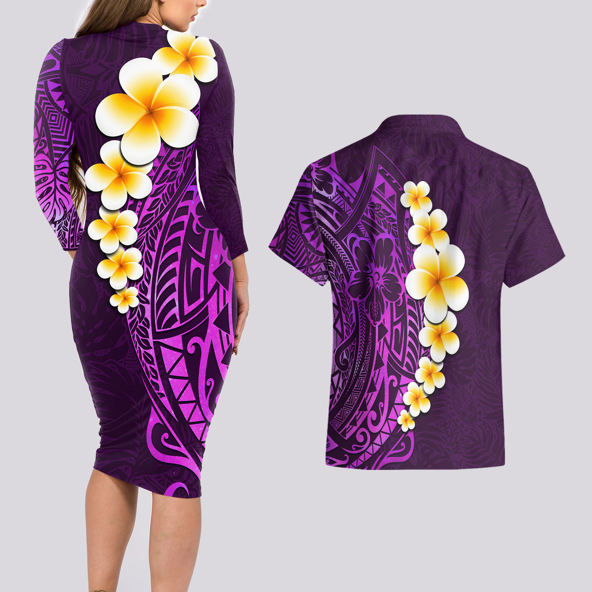 Purple Tropical Plumeria With Galaxy Polynesian Art Couples Matching Long Sleeve Bodycon Dress and Hawaiian Shirt - Wonder Print Shop