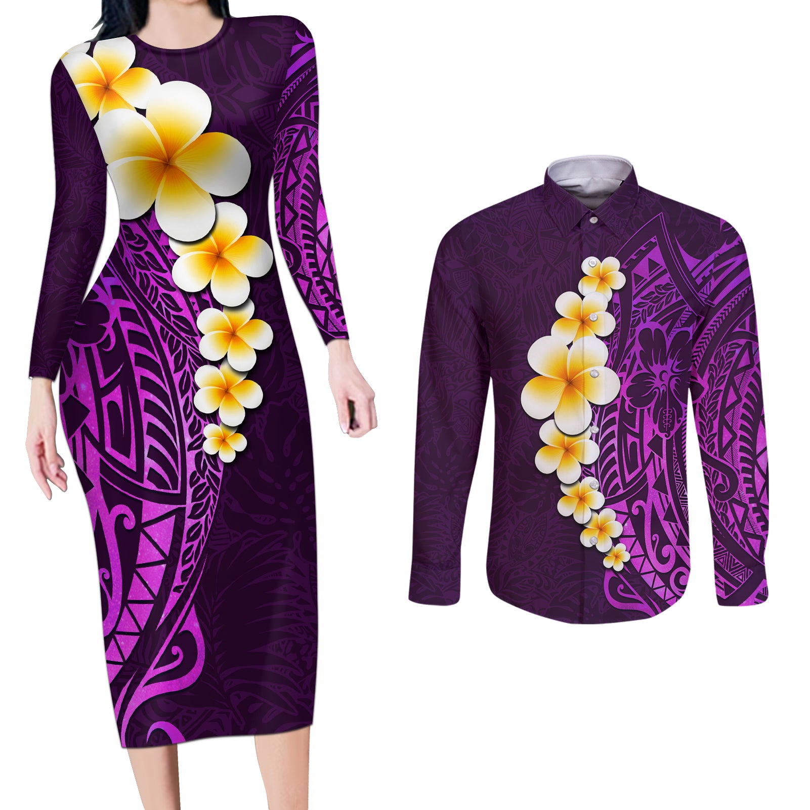 Purple Tropical Plumeria With Galaxy Polynesian Art Couples Matching Long Sleeve Bodycon Dress and Long Sleeve Button Shirt - Wonder Print Shop