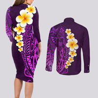 Purple Tropical Plumeria With Galaxy Polynesian Art Couples Matching Long Sleeve Bodycon Dress and Long Sleeve Button Shirt - Wonder Print Shop