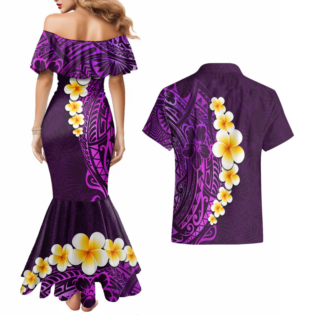 Purple Tropical Plumeria With Galaxy Polynesian Art Couples Matching Mermaid Dress and Hawaiian Shirt - Wonder Print Shop