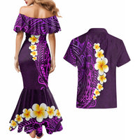 Purple Tropical Plumeria With Galaxy Polynesian Art Couples Matching Mermaid Dress and Hawaiian Shirt - Wonder Print Shop