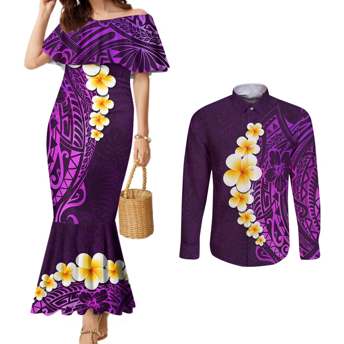 purple-tropical-plumeria-with-galaxy-polynesian-art-couples-matching-mermaid-dress-and-long-sleeve-button-shirt