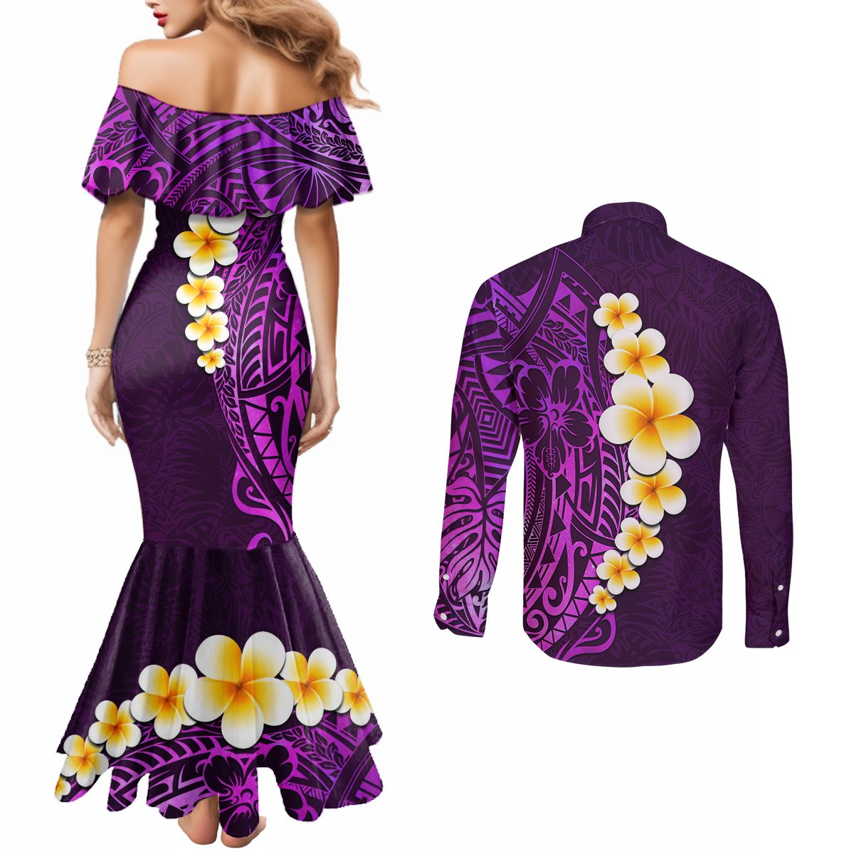 purple-tropical-plumeria-with-galaxy-polynesian-art-couples-matching-mermaid-dress-and-long-sleeve-button-shirt