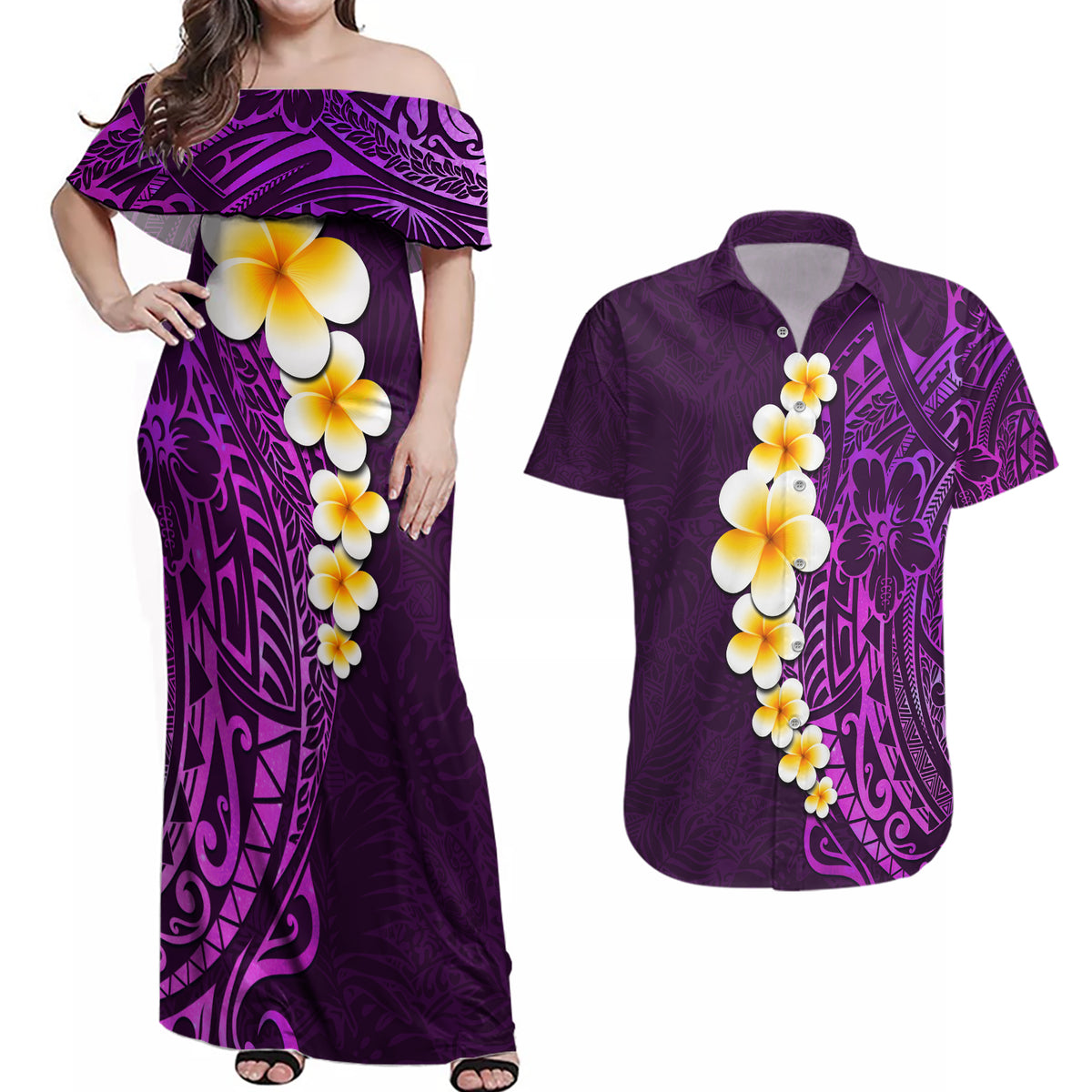 Purple Tropical Plumeria With Galaxy Polynesian Art Couples Matching Off Shoulder Maxi Dress and Hawaiian Shirt - Wonder Print Shop