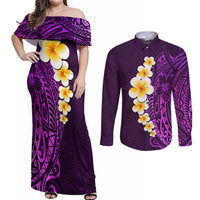 Purple Tropical Plumeria With Galaxy Polynesian Art Couples Matching Off Shoulder Maxi Dress and Long Sleeve Button Shirt - Wonder Print Shop