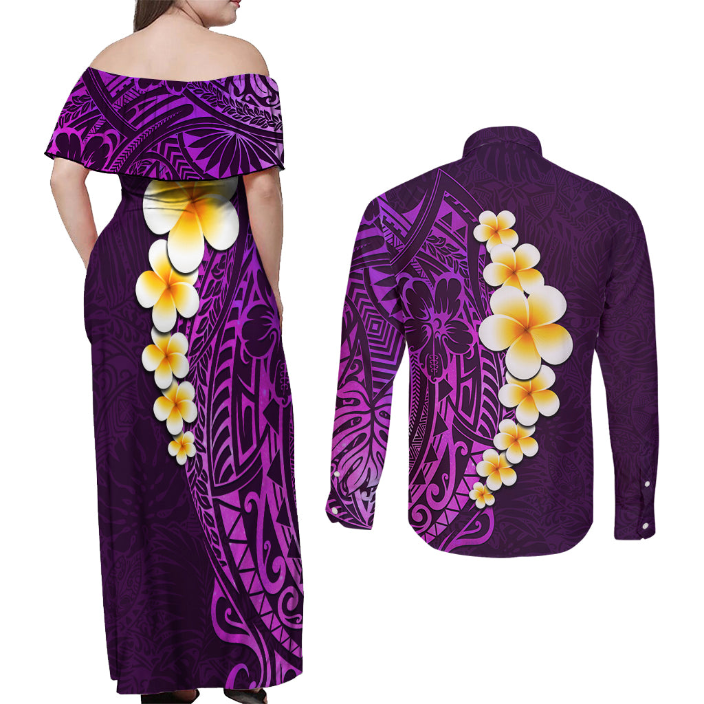 Purple Tropical Plumeria With Galaxy Polynesian Art Couples Matching Off Shoulder Maxi Dress and Long Sleeve Button Shirt - Wonder Print Shop