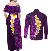 Purple Tropical Plumeria With Galaxy Polynesian Art Couples Matching Off Shoulder Maxi Dress and Long Sleeve Button Shirt - Wonder Print Shop