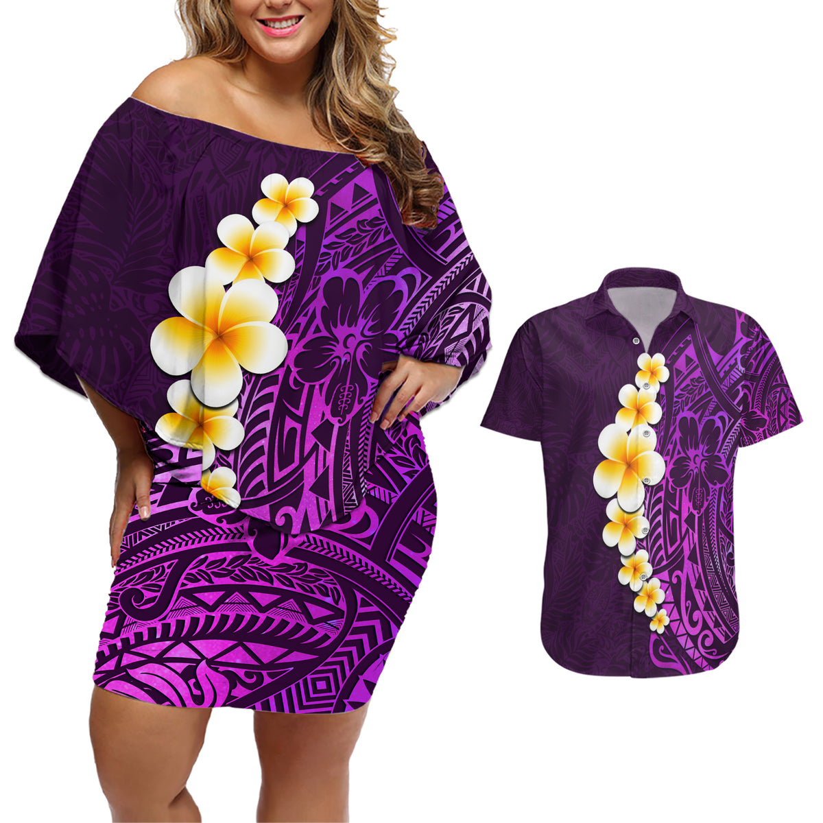 Purple Tropical Plumeria With Galaxy Polynesian Art Couples Matching Off Shoulder Short Dress and Hawaiian Shirt - Wonder Print Shop