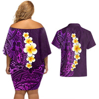 Purple Tropical Plumeria With Galaxy Polynesian Art Couples Matching Off Shoulder Short Dress and Hawaiian Shirt - Wonder Print Shop
