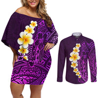 Purple Tropical Plumeria With Galaxy Polynesian Art Couples Matching Off Shoulder Short Dress and Long Sleeve Button Shirt - Wonder Print Shop