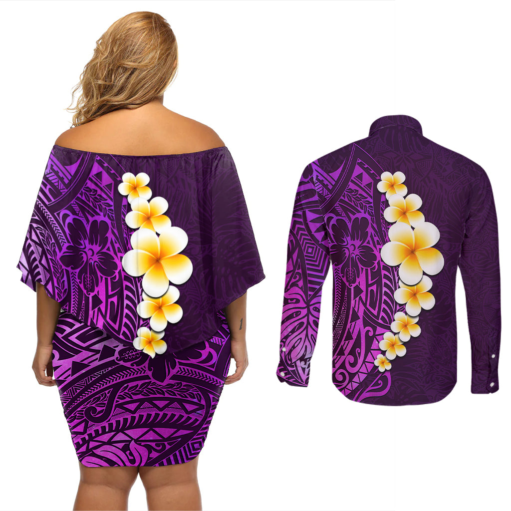 Purple Tropical Plumeria With Galaxy Polynesian Art Couples Matching Off Shoulder Short Dress and Long Sleeve Button Shirt - Wonder Print Shop