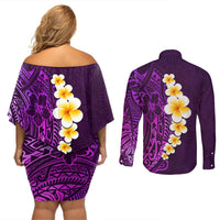Purple Tropical Plumeria With Galaxy Polynesian Art Couples Matching Off Shoulder Short Dress and Long Sleeve Button Shirt - Wonder Print Shop
