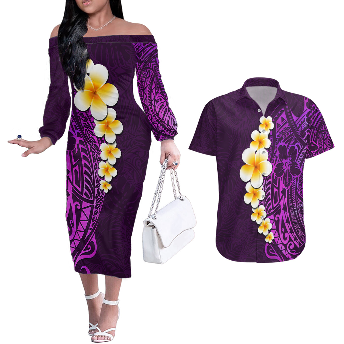 Purple Tropical Plumeria With Galaxy Polynesian Art Couples Matching Off The Shoulder Long Sleeve Dress and Hawaiian Shirt - Wonder Print Shop