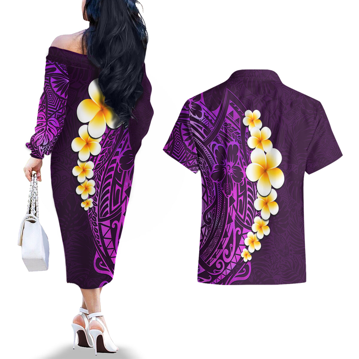 Purple Tropical Plumeria With Galaxy Polynesian Art Couples Matching Off The Shoulder Long Sleeve Dress and Hawaiian Shirt - Wonder Print Shop