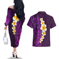 Purple Tropical Plumeria With Galaxy Polynesian Art Couples Matching Off The Shoulder Long Sleeve Dress and Hawaiian Shirt - Wonder Print Shop