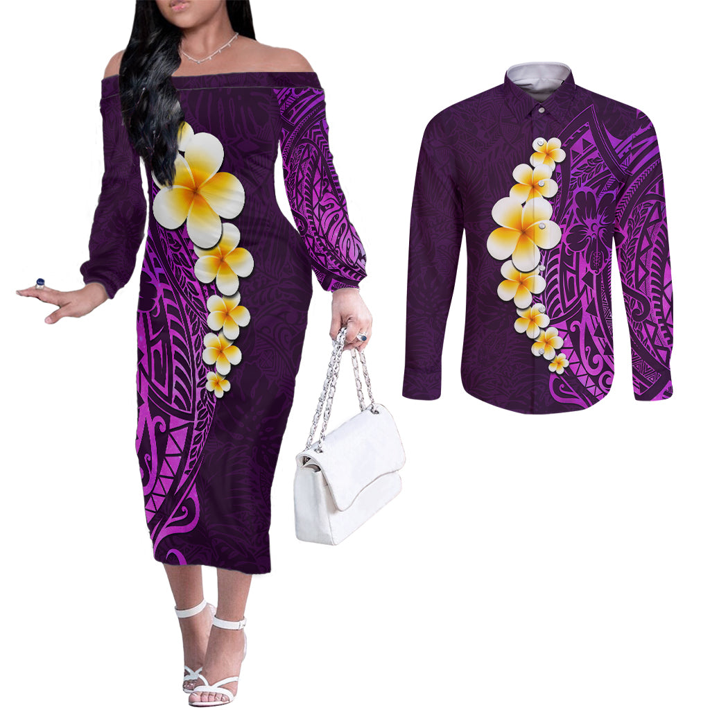 purple-tropical-plumeria-with-galaxy-polynesian-art-couples-matching-off-the-shoulder-long-sleeve-dress-and-long-sleeve-button-shirt