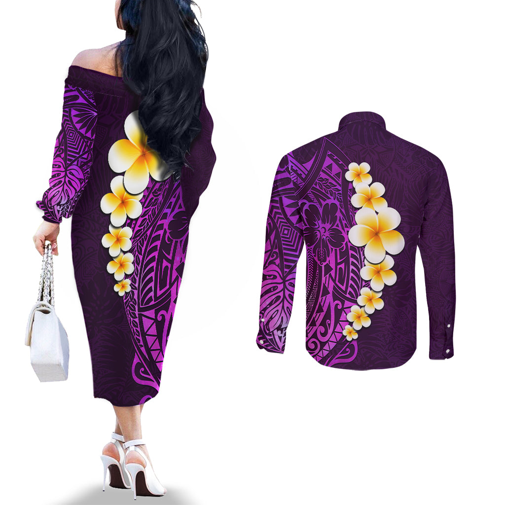 purple-tropical-plumeria-with-galaxy-polynesian-art-couples-matching-off-the-shoulder-long-sleeve-dress-and-long-sleeve-button-shirt