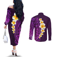 purple-tropical-plumeria-with-galaxy-polynesian-art-couples-matching-off-the-shoulder-long-sleeve-dress-and-long-sleeve-button-shirt