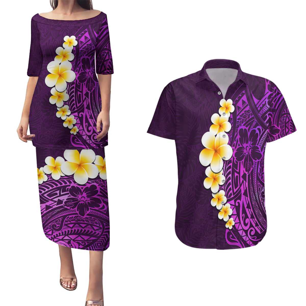Purple Tropical Plumeria With Galaxy Polynesian Art Couples Matching Puletasi Dress and Hawaiian Shirt - Wonder Print Shop