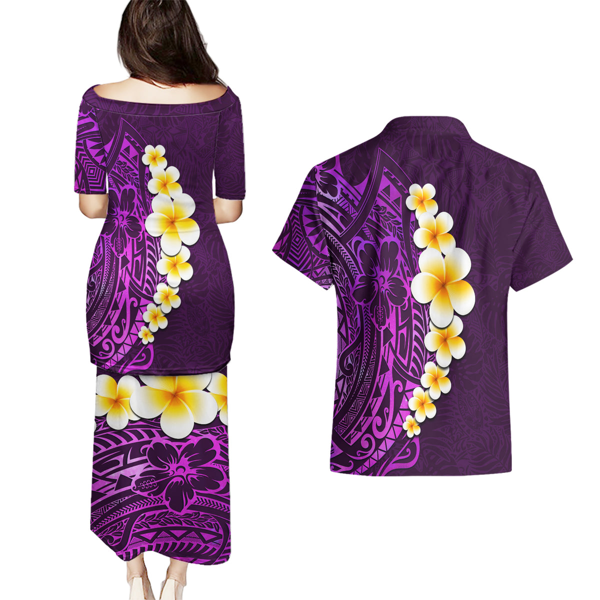 Purple Tropical Plumeria With Galaxy Polynesian Art Couples Matching Puletasi Dress and Hawaiian Shirt - Wonder Print Shop